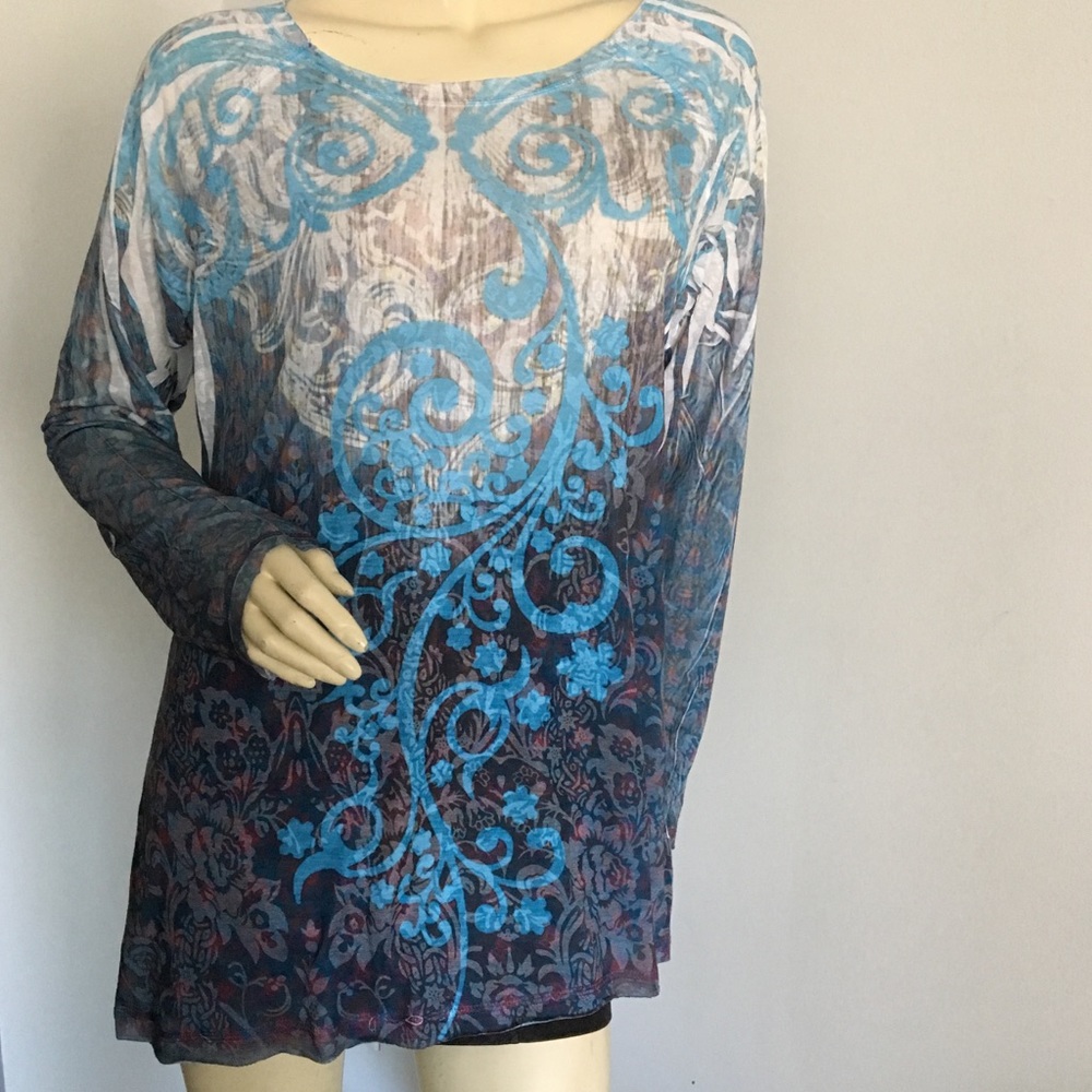 🔴 Seven7 blue graphic printed long sleeved top